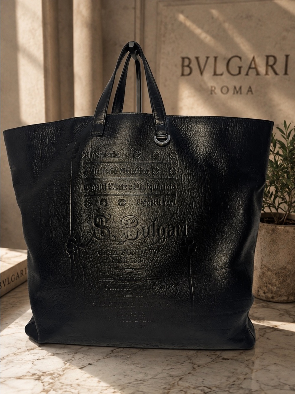 Bvlgari S. Bulgari Black Leather Embossed Logo Large Tote Bag